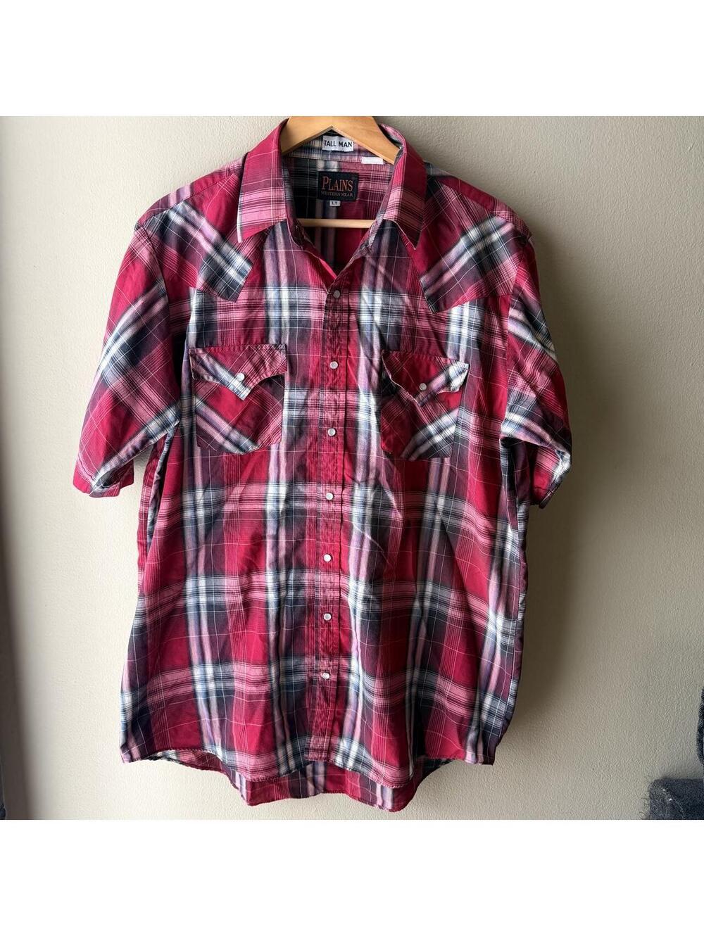 Vintage Plains Western Wear Tall Man LT Red Plaid Pearl Snap Shirt